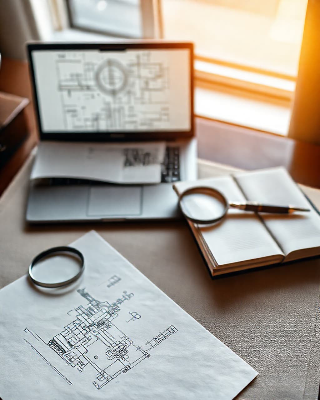 Bir buluşun teknik çizimleri üzerinde çalışılan danışmanlık masası, İpek Patent